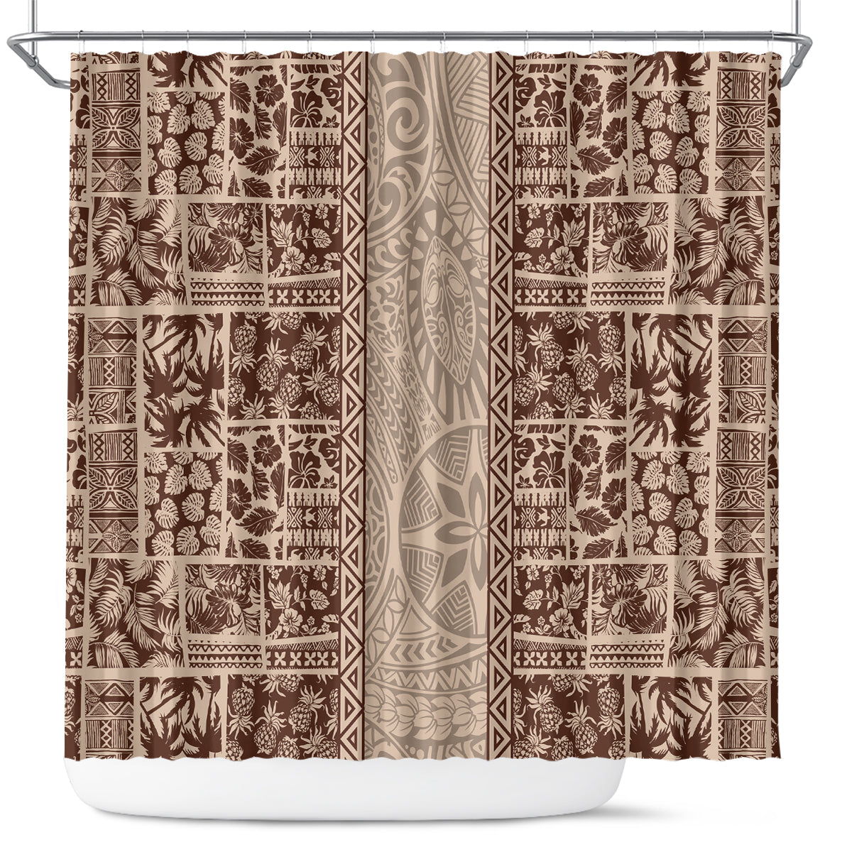 Hawaii Style Hibiscus and Tribal Element Fabric Patchwork Shower Curtain Beige Version LT03 Beige - Polynesian Pride