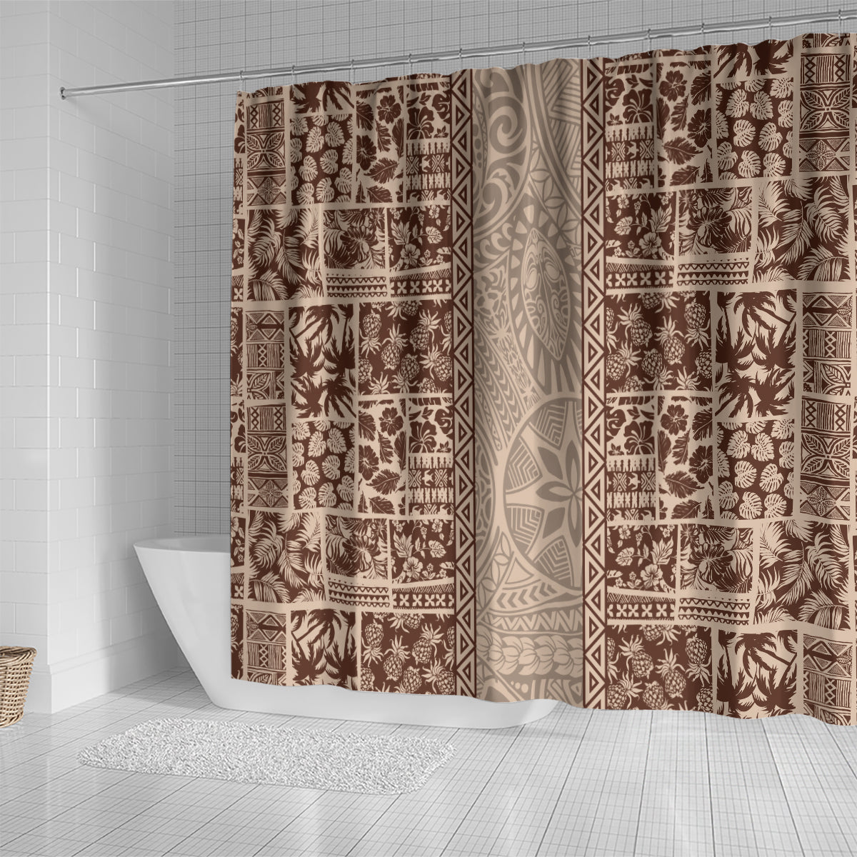 Hawaii Style Hibiscus and Tribal Element Fabric Patchwork Shower Curtain Beige Version LT03 - Polynesian Pride