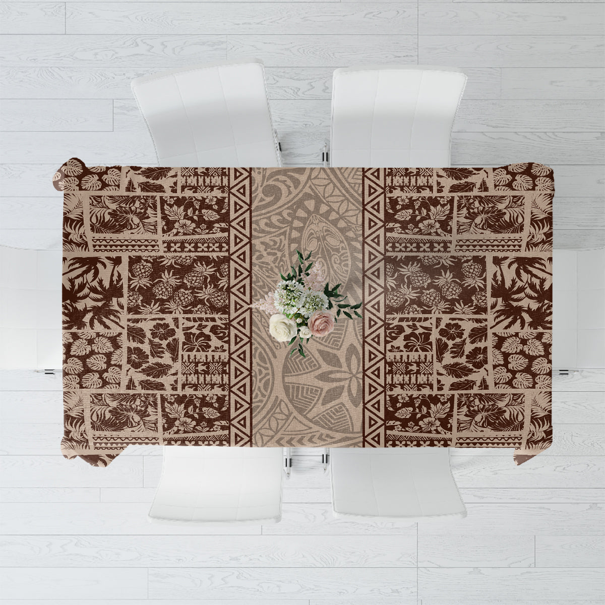 Hawaii Style Hibiscus and Tribal Element Fabric Patchwork Tablecloth Beige Version LT03 Beige - Polynesian Pride