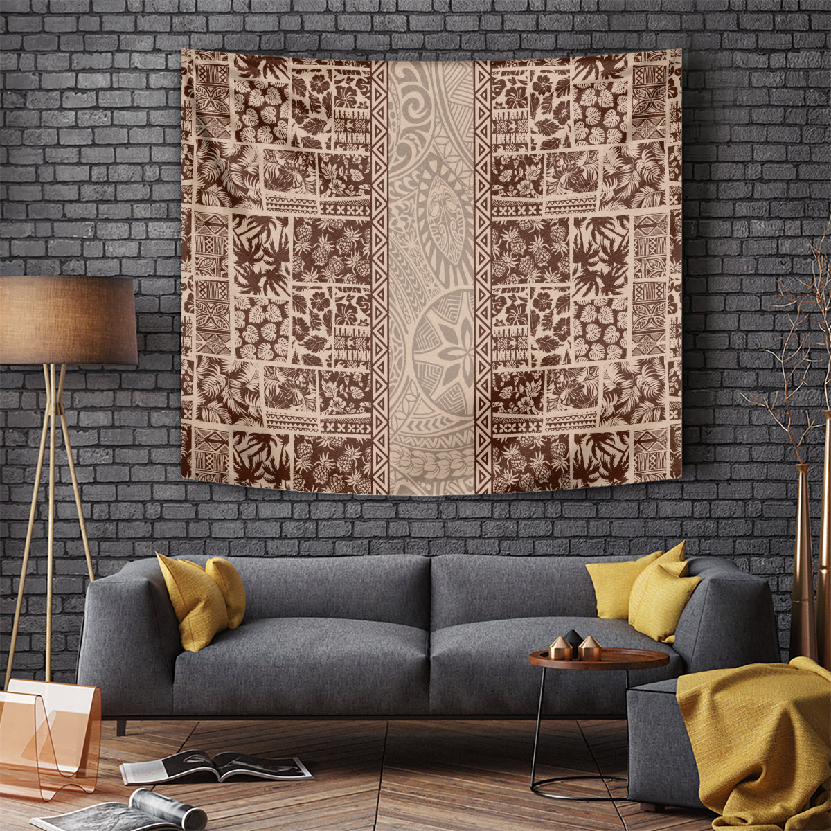 Hawaii Style Hibiscus and Tribal Element Fabric Patchwork Tapestry Beige Version LT03 Beige - Polynesian Pride