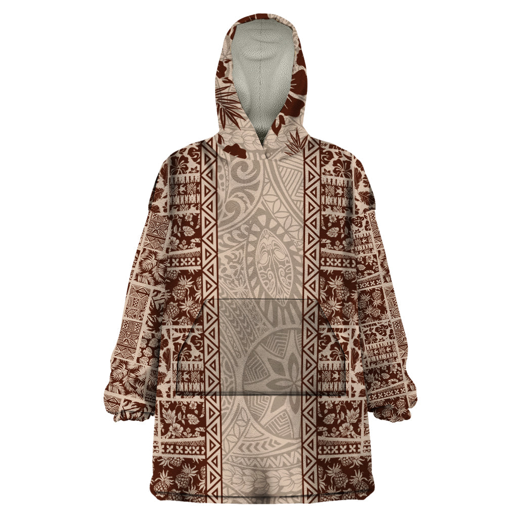 Hawaii Style Hibiscus and Tribal Element Fabric Patchwork Wearable Blanket Hoodie Beige Version LT03 One Size Beige - Polynesian Pride