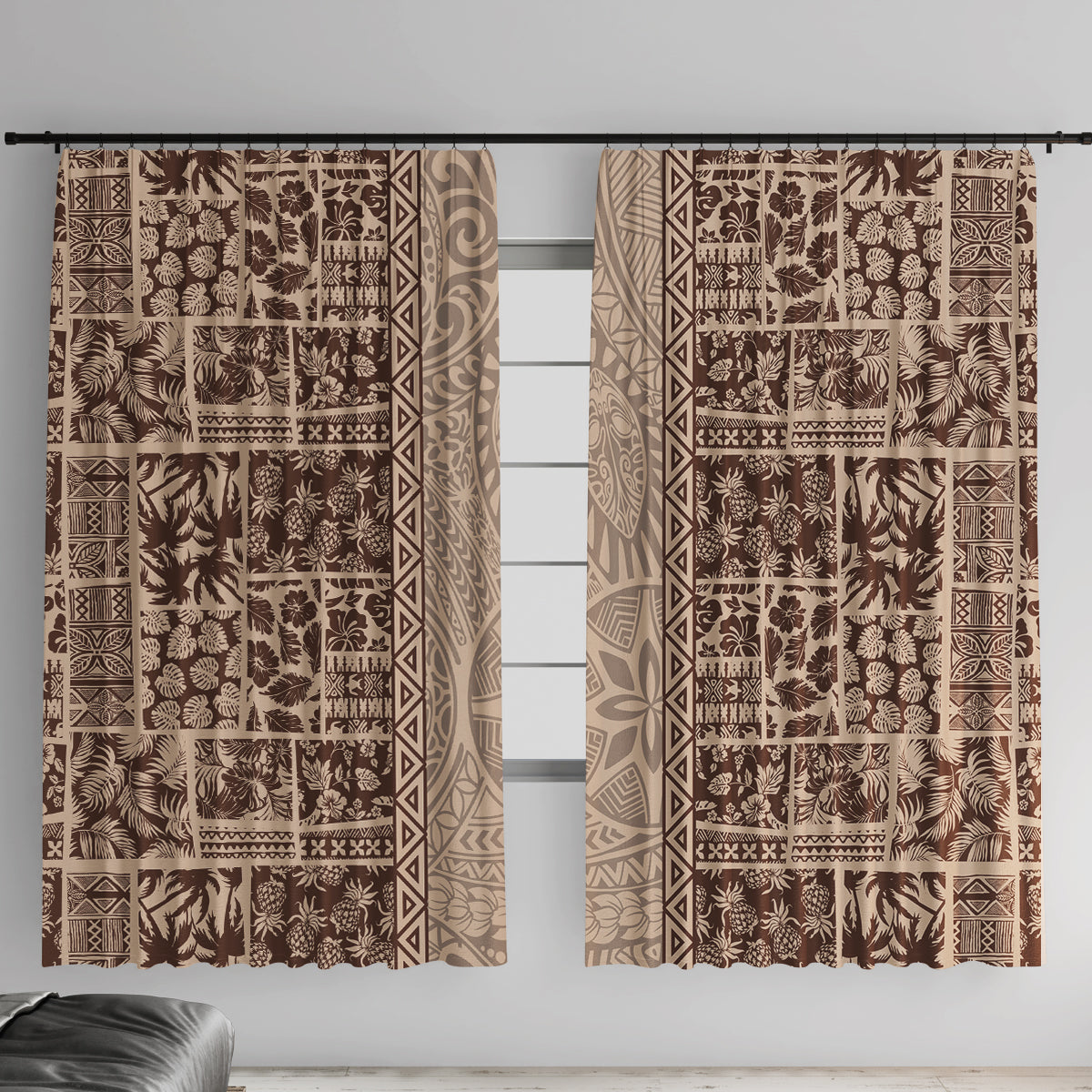 Hawaii Style Hibiscus and Tribal Element Fabric Patchwork Window Curtain Beige Version LT03 With Hooks Beige - Polynesian Pride