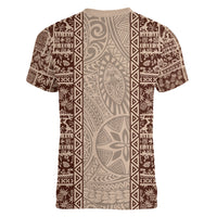 Hawaii Style Hibiscus and Tribal Element Fabric Patchwork Women V Neck T Shirt Beige Version LT03 - Polynesian Pride
