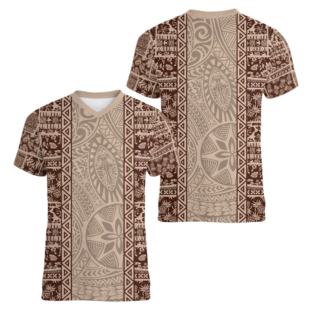 Hawaii Style Hibiscus and Tribal Element Fabric Patchwork Women V Neck T Shirt Beige Version LT03 - Polynesian Pride