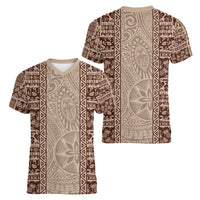 Hawaii Style Hibiscus and Tribal Element Fabric Patchwork Women V Neck T Shirt Beige Version LT03 - Polynesian Pride