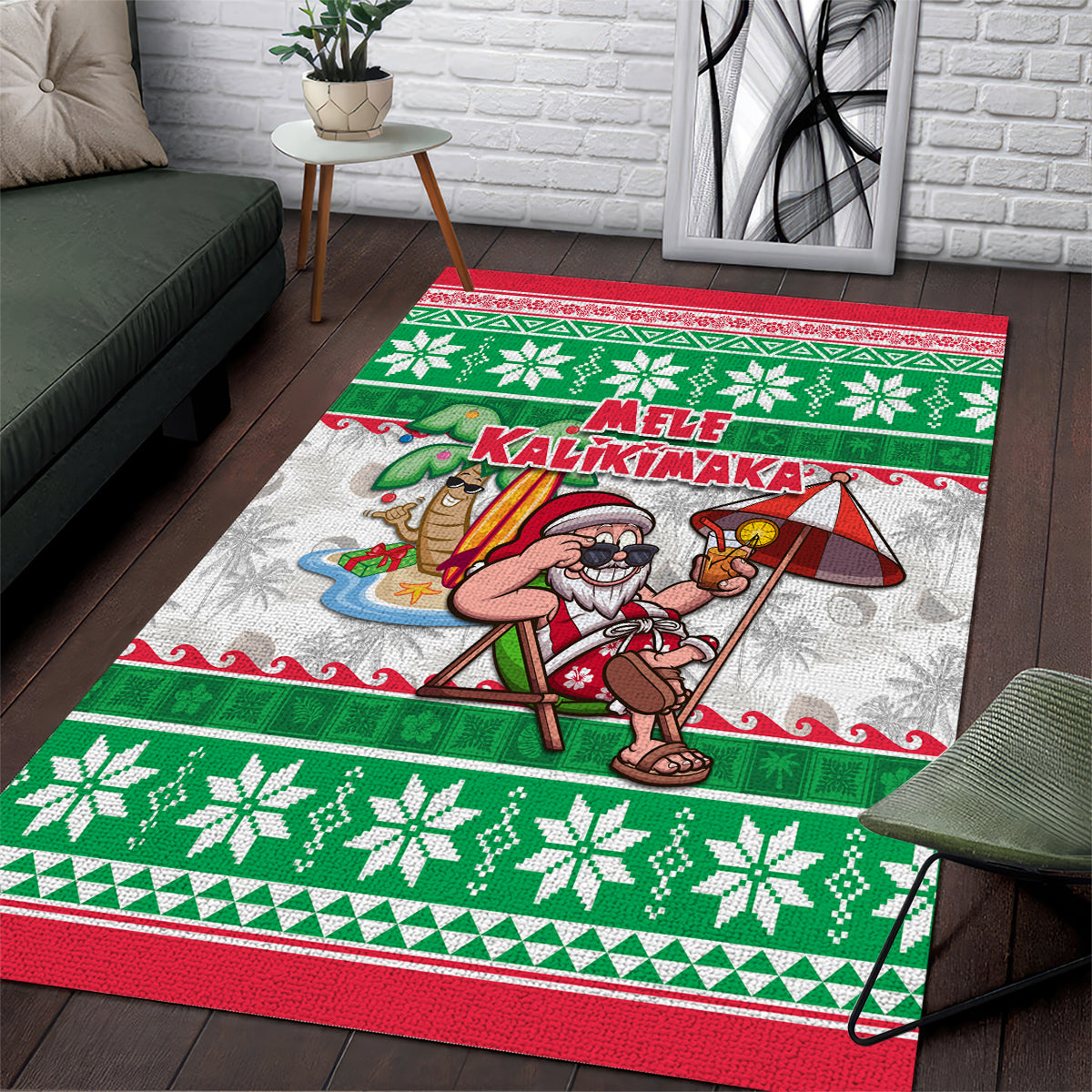 Hawaii Mele Kalikimaka Area Rug Aloha Santa and Palm Tree Mix Kakau Pattern LT03 Green - Polynesian Pride