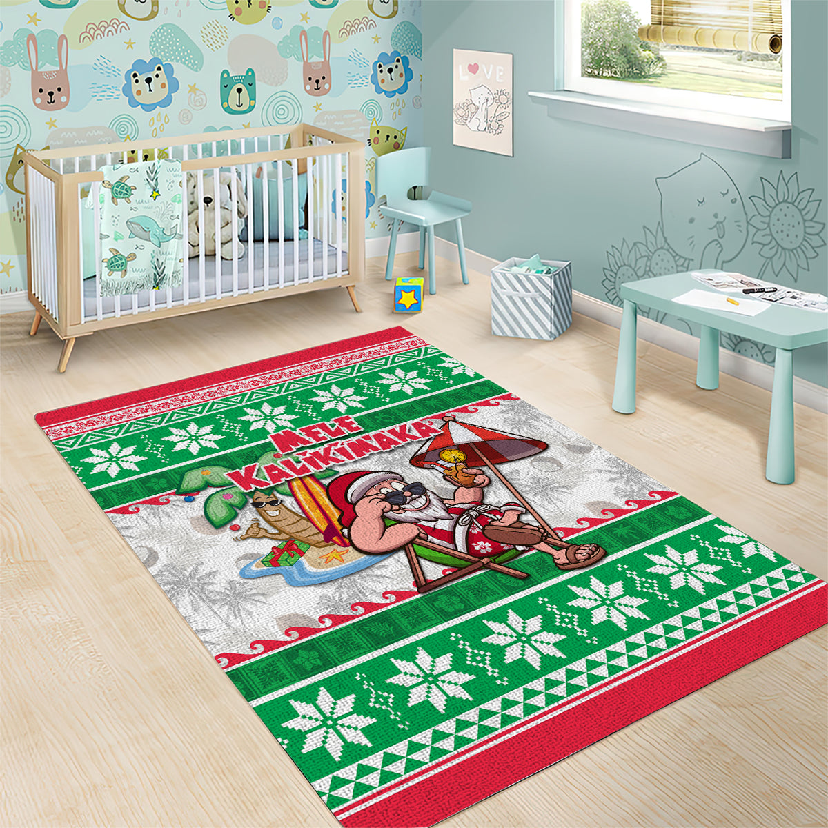 Hawaii Mele Kalikimaka Area Rug Aloha Santa and Palm Tree Mix Kakau Pattern LT03 - Polynesian Pride