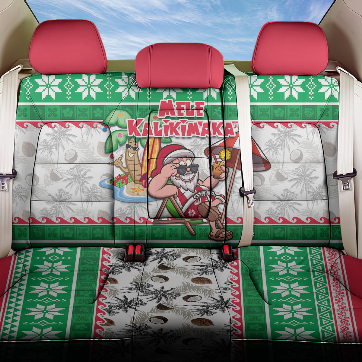 Hawaii Mele Kalikimaka Back Car Seat Cover Aloha Santa and Palm Tree Mix Kakau Pattern LT03 One Size Green - Polynesian Pride