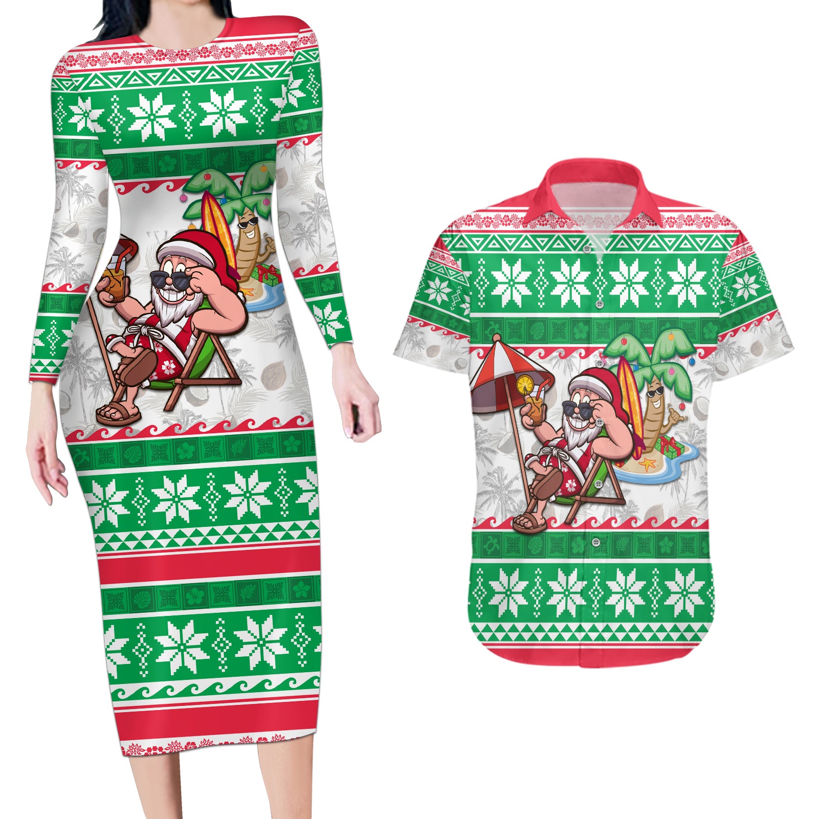 Hawaii Mele Kalikimaka Couples Matching Long Sleeve Bodycon Dress and Hawaiian Shirt Aloha Santa and Palm Tree Mix Kakau Pattern LT03 Green - Polynesian Pride