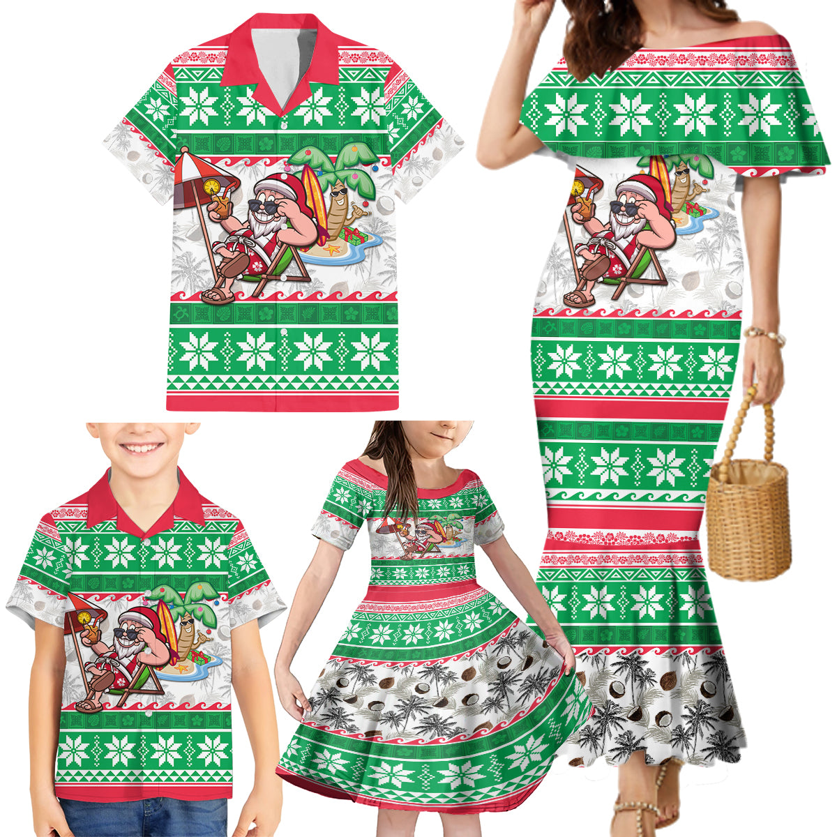 Hawaii Mele Kalikimaka Family Matching Mermaid Dress and Hawaiian Shirt Aloha Santa and Palm Tree Mix Kakau Pattern LT03 - Polynesian Pride