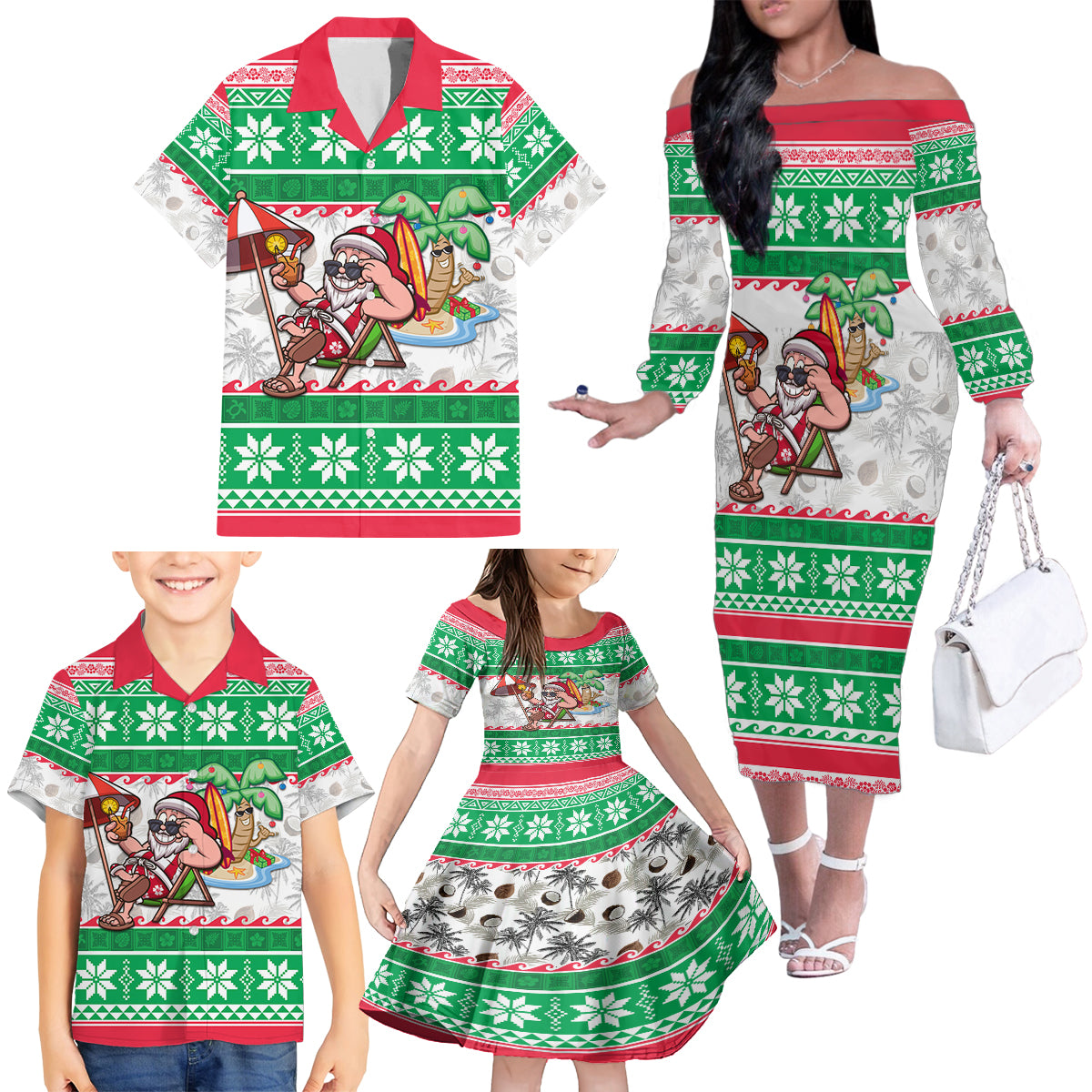 Hawaii Mele Kalikimaka Family Matching Off Shoulder Long Sleeve Dress and Hawaiian Shirt Aloha Santa and Palm Tree Mix Kakau Pattern LT03 - Polynesian Pride