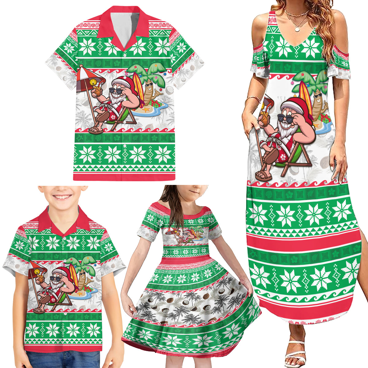 Hawaii Mele Kalikimaka Family Matching Summer Maxi Dress and Hawaiian Shirt Aloha Santa and Palm Tree Mix Kakau Pattern LT03 - Polynesian Pride