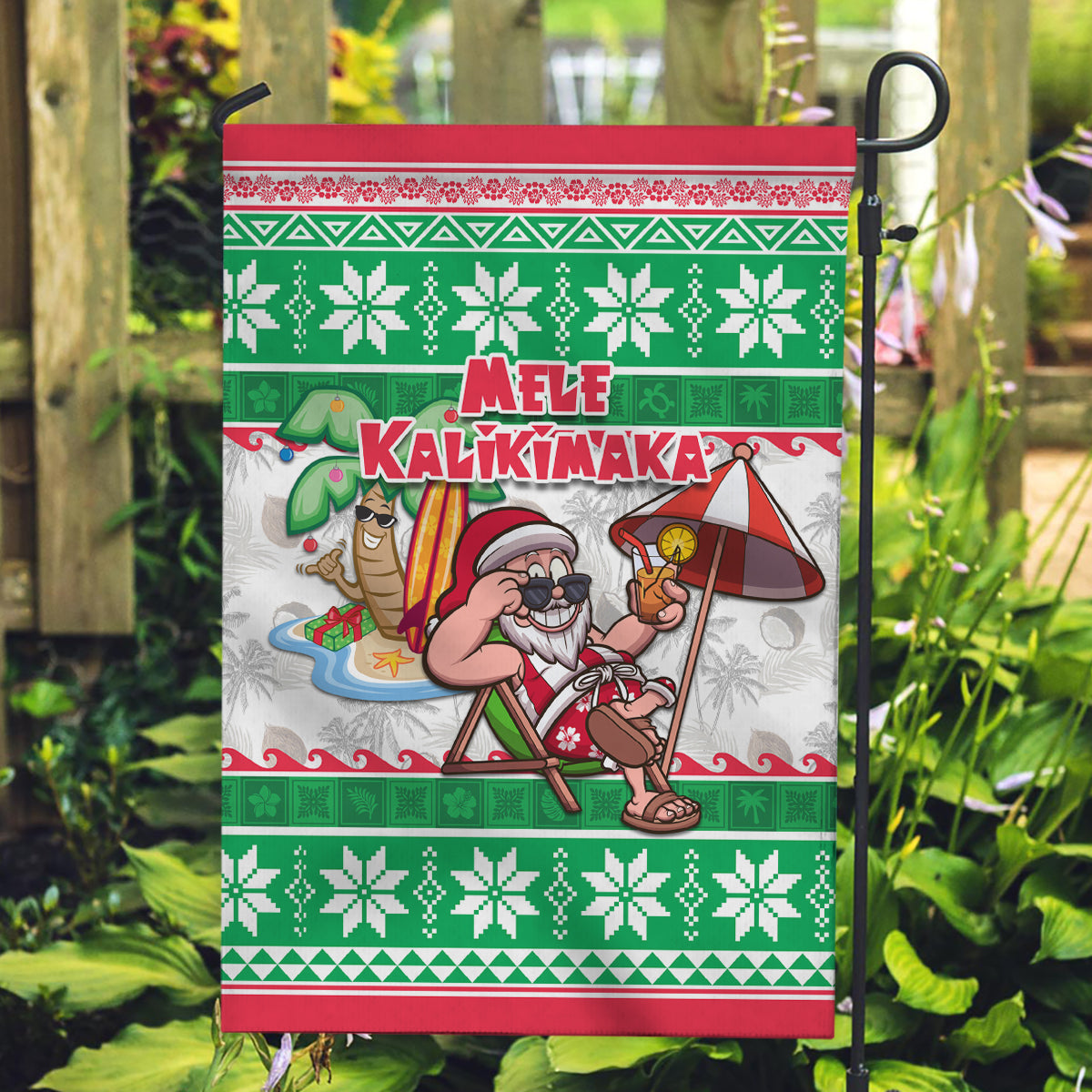 Hawaii Mele Kalikimaka Garden Flag Aloha Santa and Palm Tree Mix Kakau Pattern LT03 Garden Flag Green - Polynesian Pride