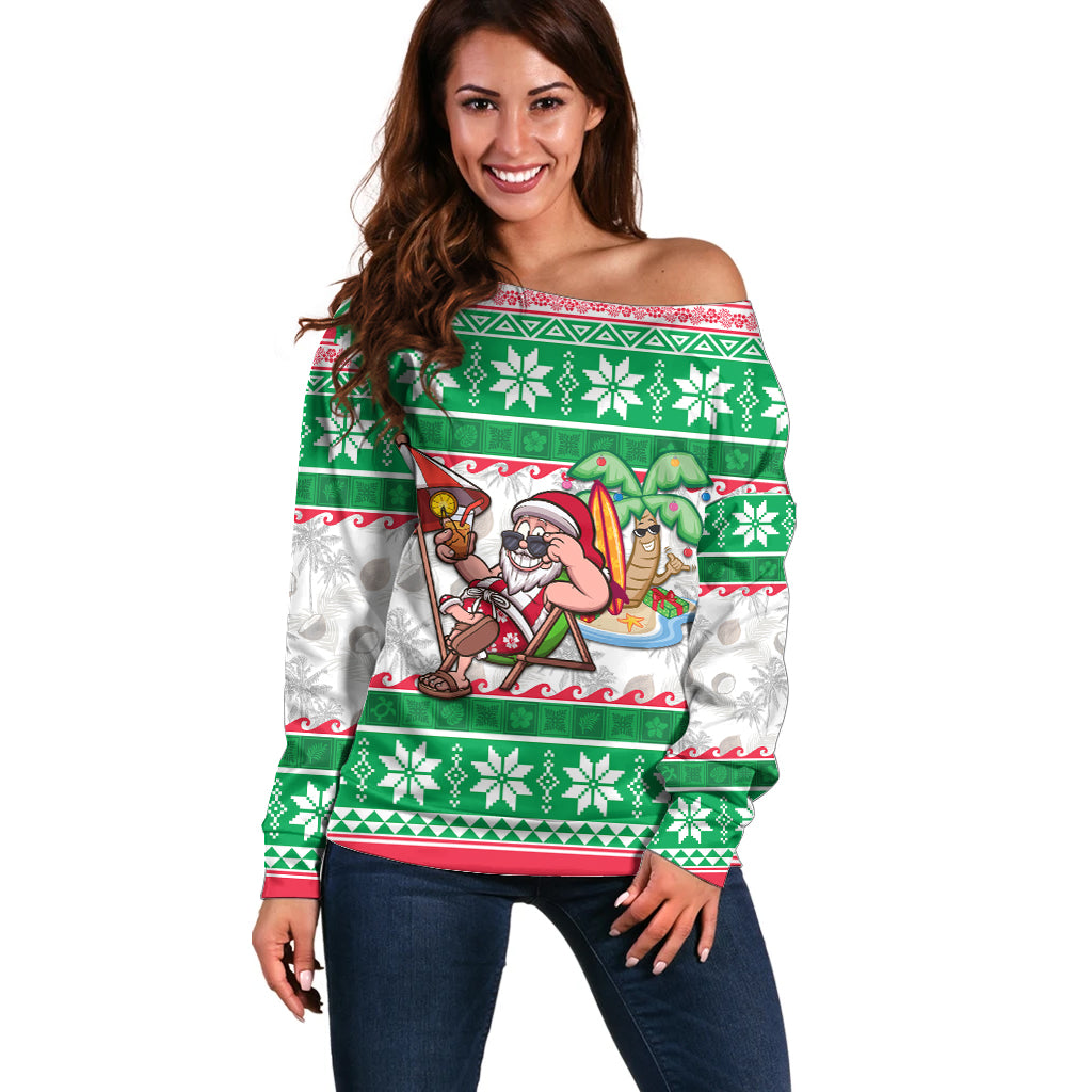 Hawaii Mele Kalikimaka Off Shoulder Sweater Aloha Santa and Palm Tree Mix Kakau Pattern LT03 Women Green - Polynesian Pride