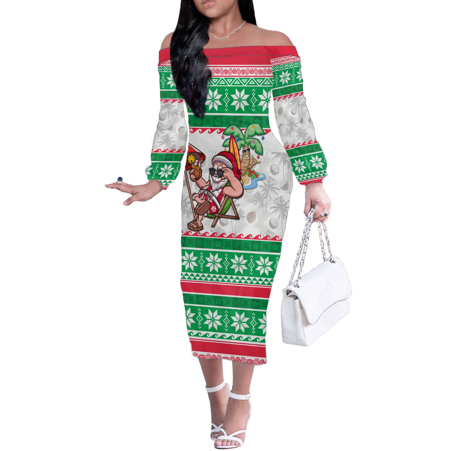 Hawaii Mele Kalikimaka Off The Shoulder Long Sleeve Dress Aloha Santa and Palm Tree Mix Kakau Pattern LT03 Women Green - Polynesian Pride