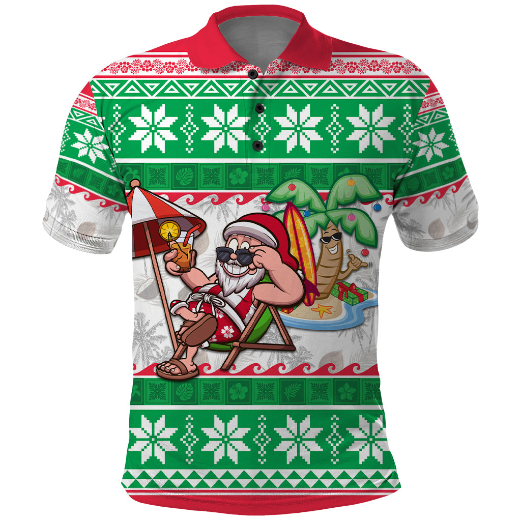 Hawaii Mele Kalikimaka Polo Shirt Aloha Santa and Palm Tree Mix Kakau Pattern LT03 Green - Polynesian Pride
