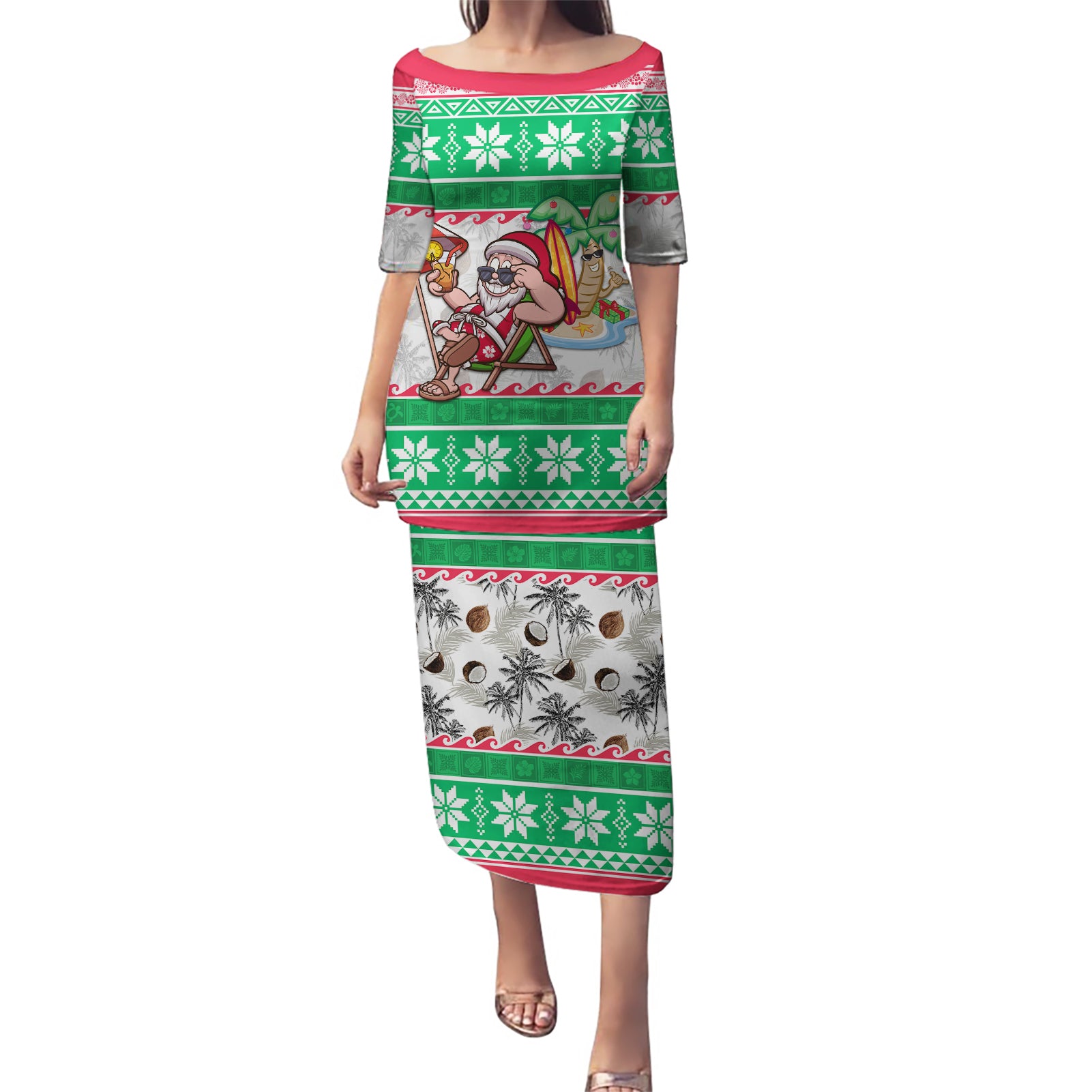 Hawaii Mele Kalikimaka Puletasi Aloha Santa and Palm Tree Mix Kakau Pattern LT03 Long Dress Green - Polynesian Pride