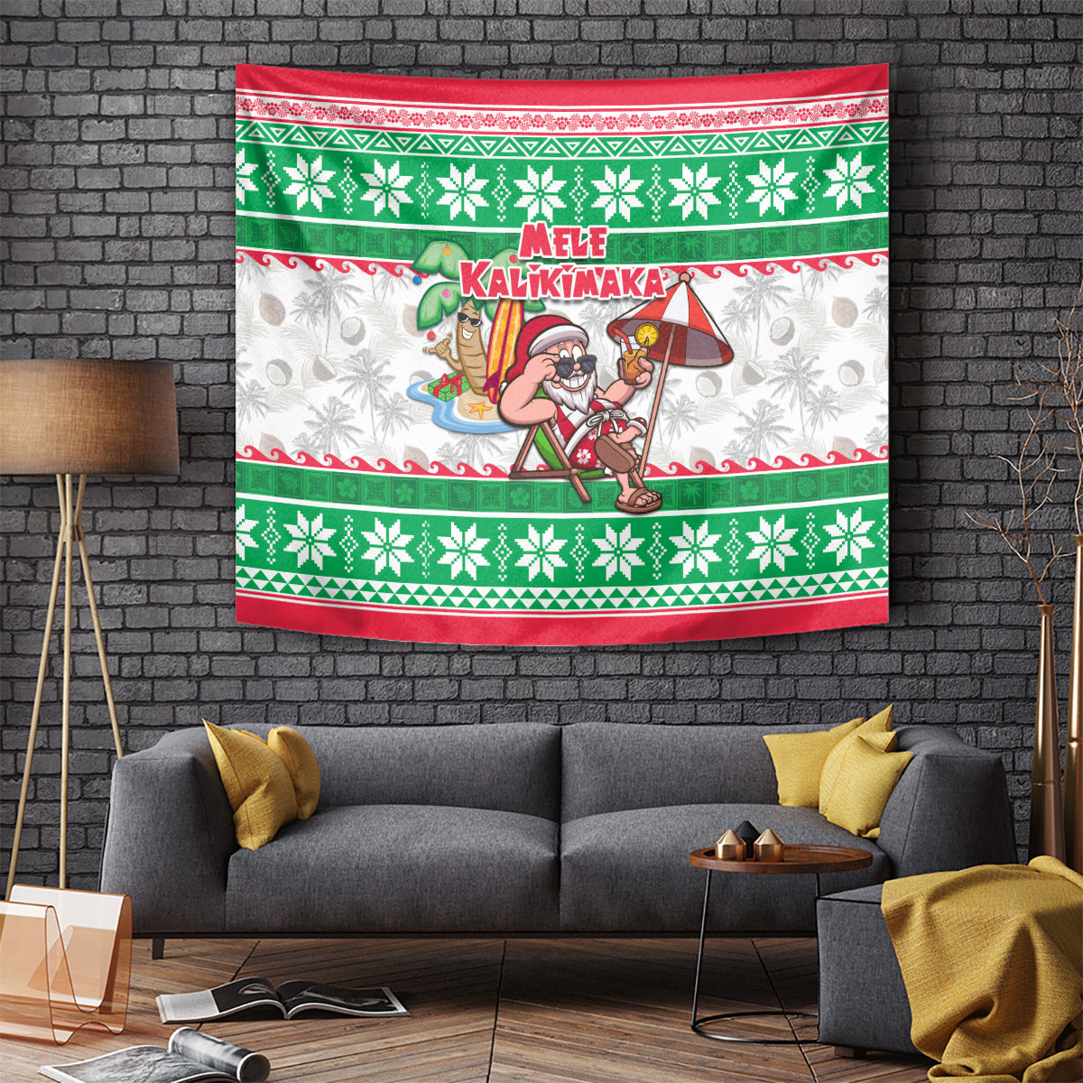 Hawaii Mele Kalikimaka Tapestry Aloha Santa and Palm Tree Mix Kakau Pattern LT03 Green - Polynesian Pride