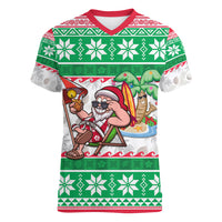 Hawaii Mele Kalikimaka Women V Neck T Shirt Aloha Santa and Palm Tree Mix Kakau Pattern LT03 Female Green - Polynesian Pride