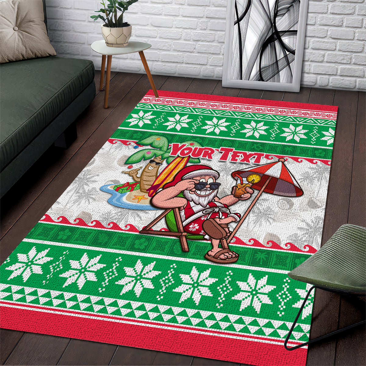 Custom Hawaii Mele Kalikimaka Area Rug Aloha Santa and Palm Tree Mix Kakau Pattern LT03 Green - Polynesian Pride