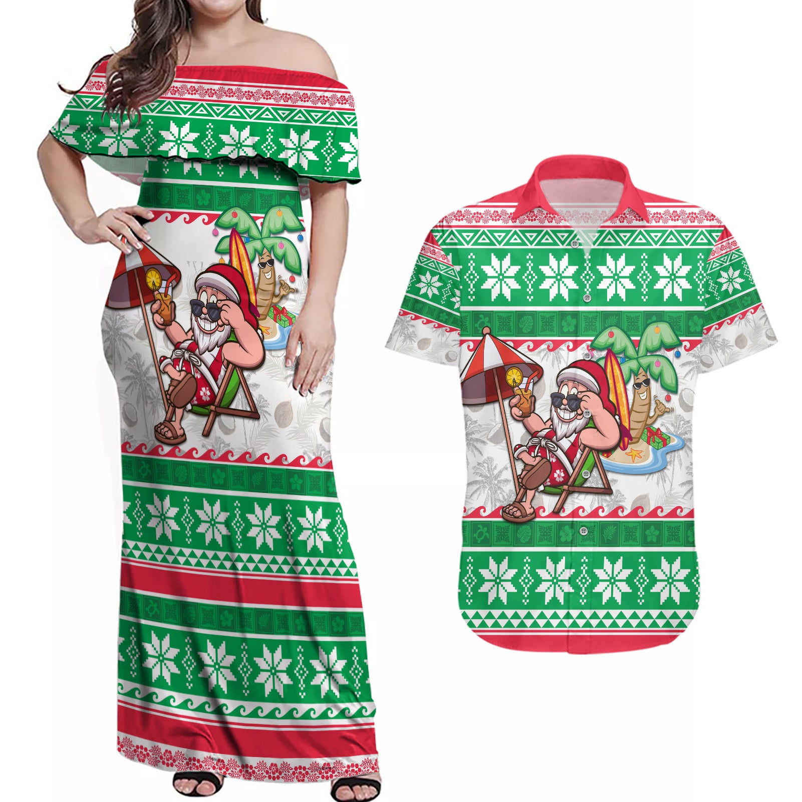 Custom Hawaii Mele Kalikimaka Couples Matching Off Shoulder Maxi Dress and Hawaiian Shirt Aloha Santa and Palm Tree Mix Kakau Pattern LT03 Green - Polynesian Pride