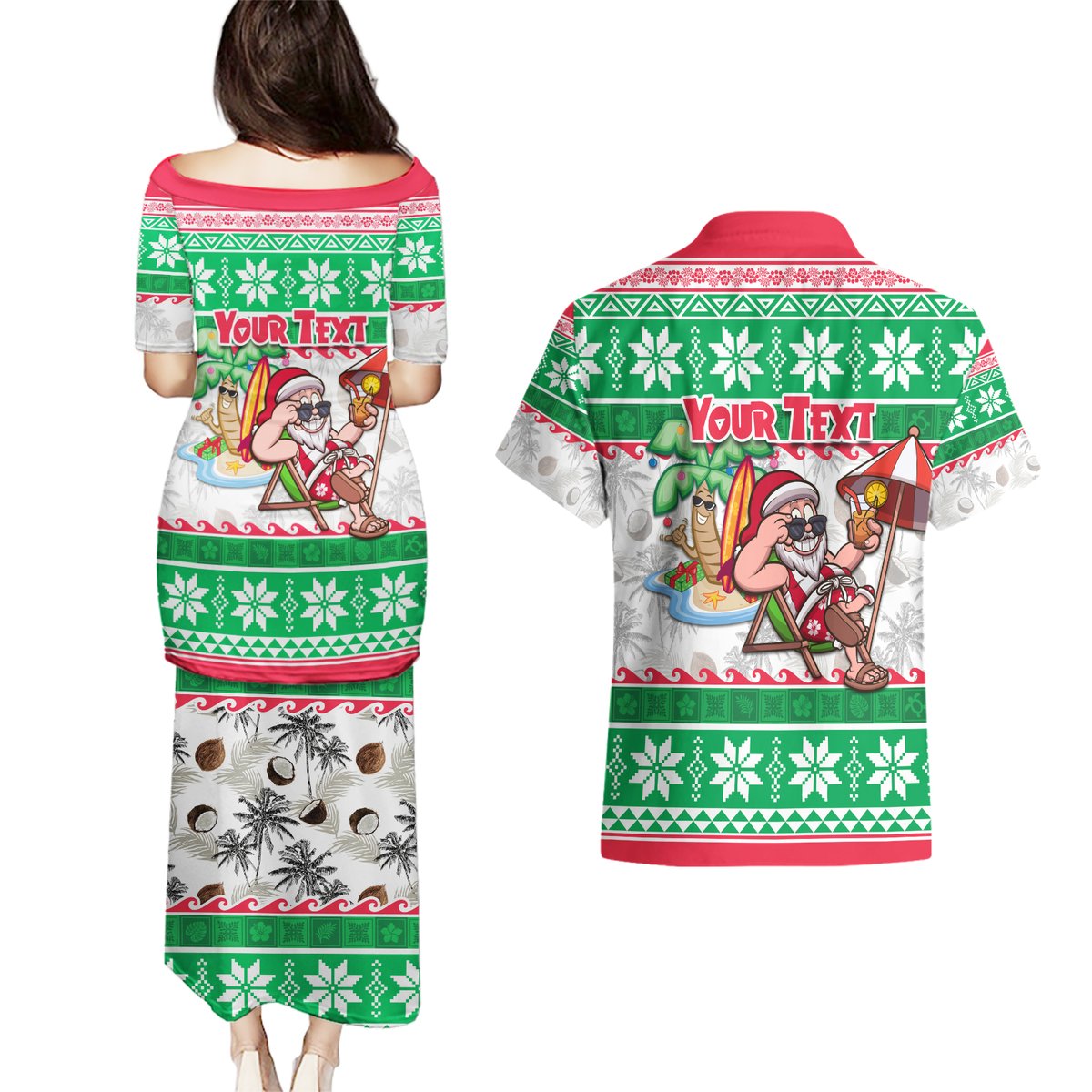 Custom Hawaii Mele Kalikimaka Couples Matching Puletasi Dress and Hawaiian Shirt Aloha Santa and Palm Tree Mix Kakau Pattern LT03 - Polynesian Pride