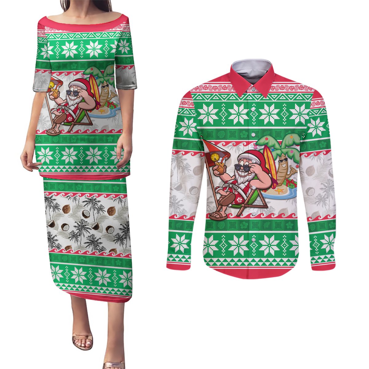 Custom Hawaii Mele Kalikimaka Couples Matching Puletasi Dress and Long Sleeve Button Shirt Aloha Santa and Palm Tree Mix Kakau Pattern LT03 Green - Polynesian Pride