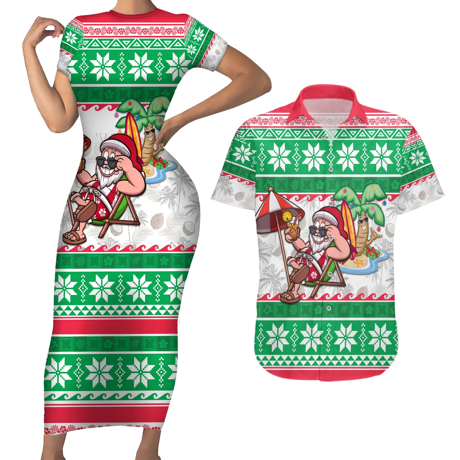 Custom Hawaii Mele Kalikimaka Couples Matching Short Sleeve Bodycon Dress and Hawaiian Shirt Aloha Santa and Palm Tree Mix Kakau Pattern LT03 Green - Polynesian Pride