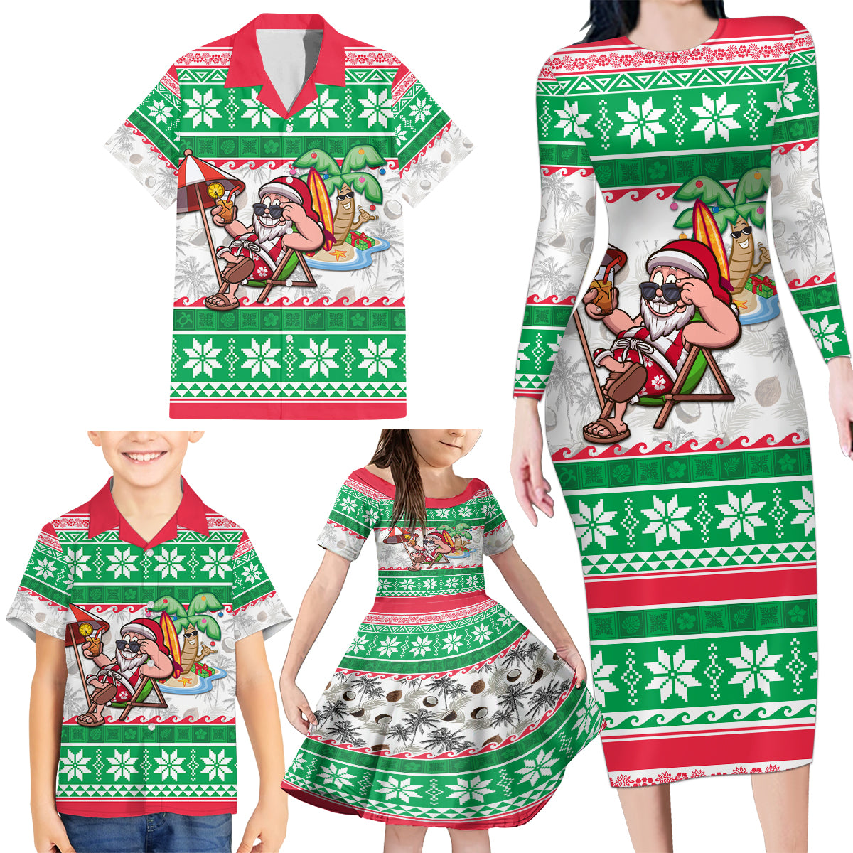 Custom Hawaii Mele Kalikimaka Family Matching Long Sleeve Bodycon Dress and Hawaiian Shirt Aloha Santa and Palm Tree Mix Kakau Pattern LT03 - Polynesian Pride