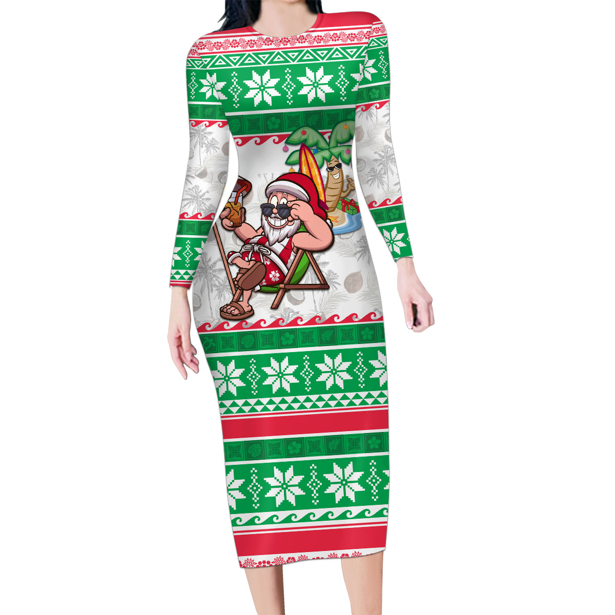 Custom Hawaii Mele Kalikimaka Family Matching Long Sleeve Bodycon Dress and Hawaiian Shirt Aloha Santa and Palm Tree Mix Kakau Pattern LT03 Mom's Dress Green - Polynesian Pride