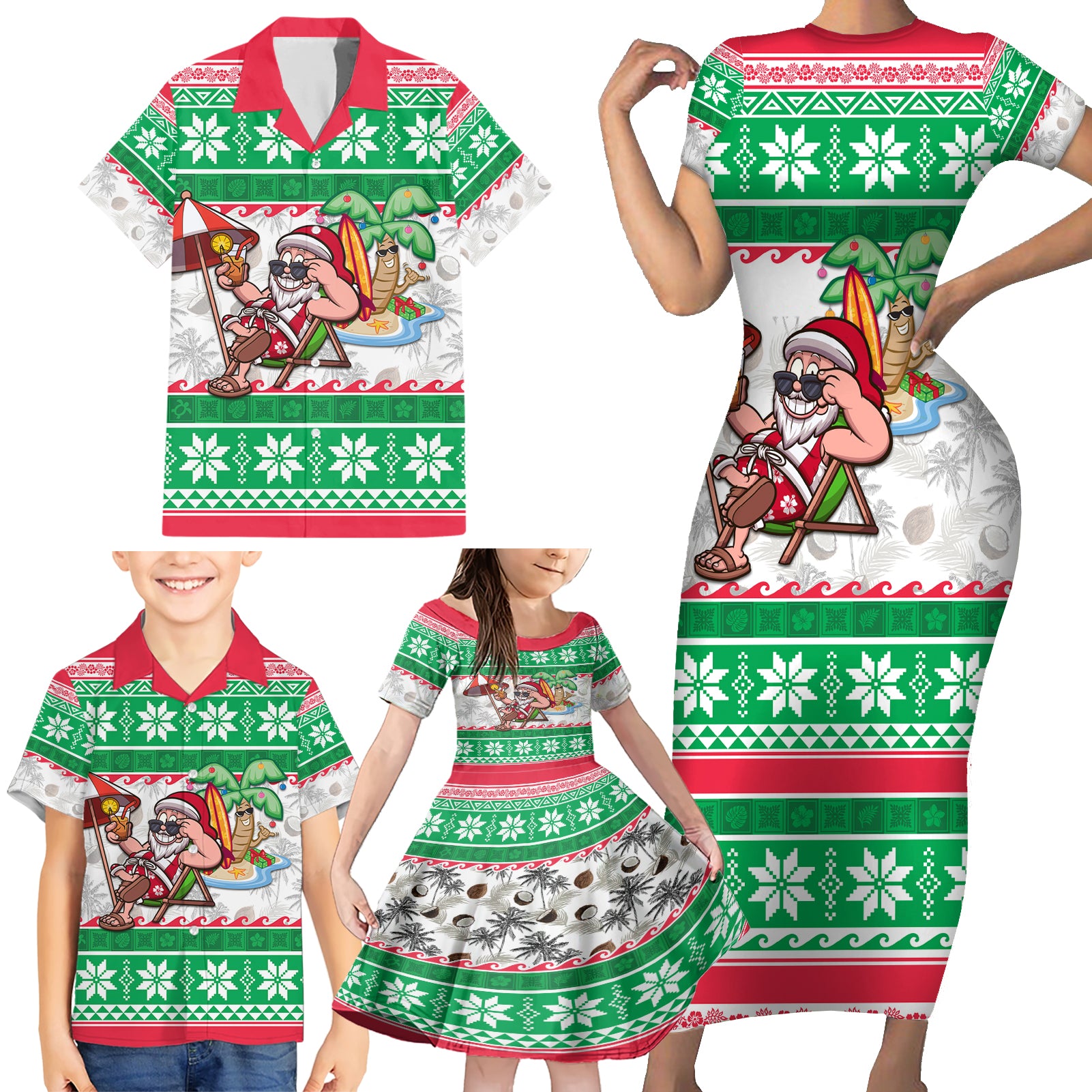 Custom Hawaii Mele Kalikimaka Family Matching Short Sleeve Bodycon Dress and Hawaiian Shirt Aloha Santa and Palm Tree Mix Kakau Pattern LT03 - Polynesian Pride