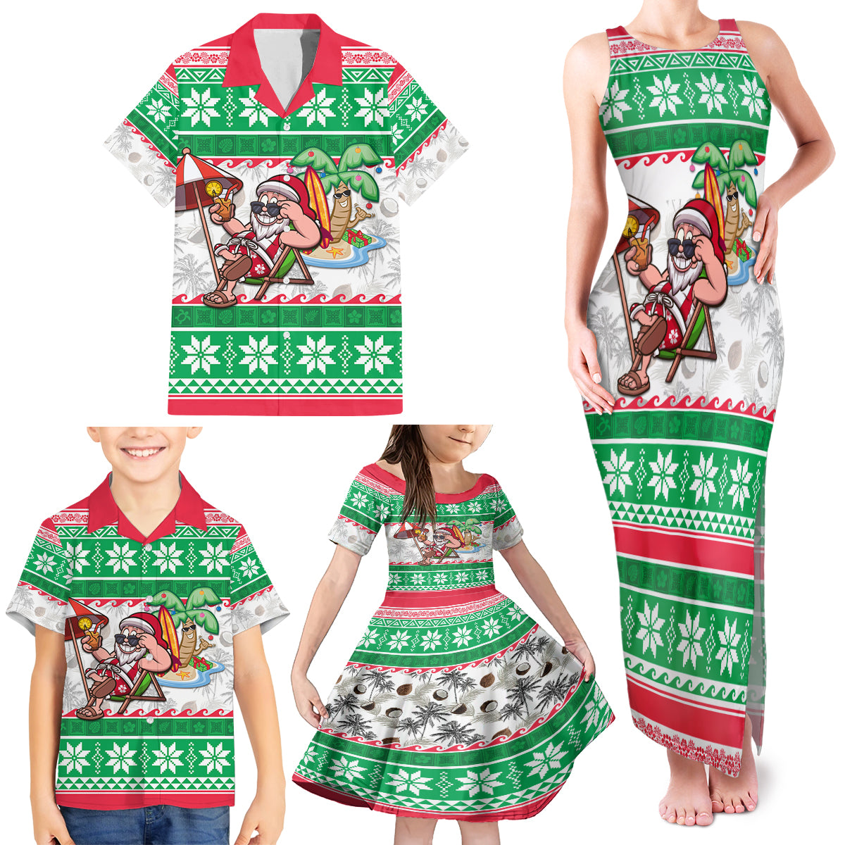 Custom Hawaii Mele Kalikimaka Family Matching Tank Maxi Dress and Hawaiian Shirt Aloha Santa and Palm Tree Mix Kakau Pattern LT03 - Polynesian Pride