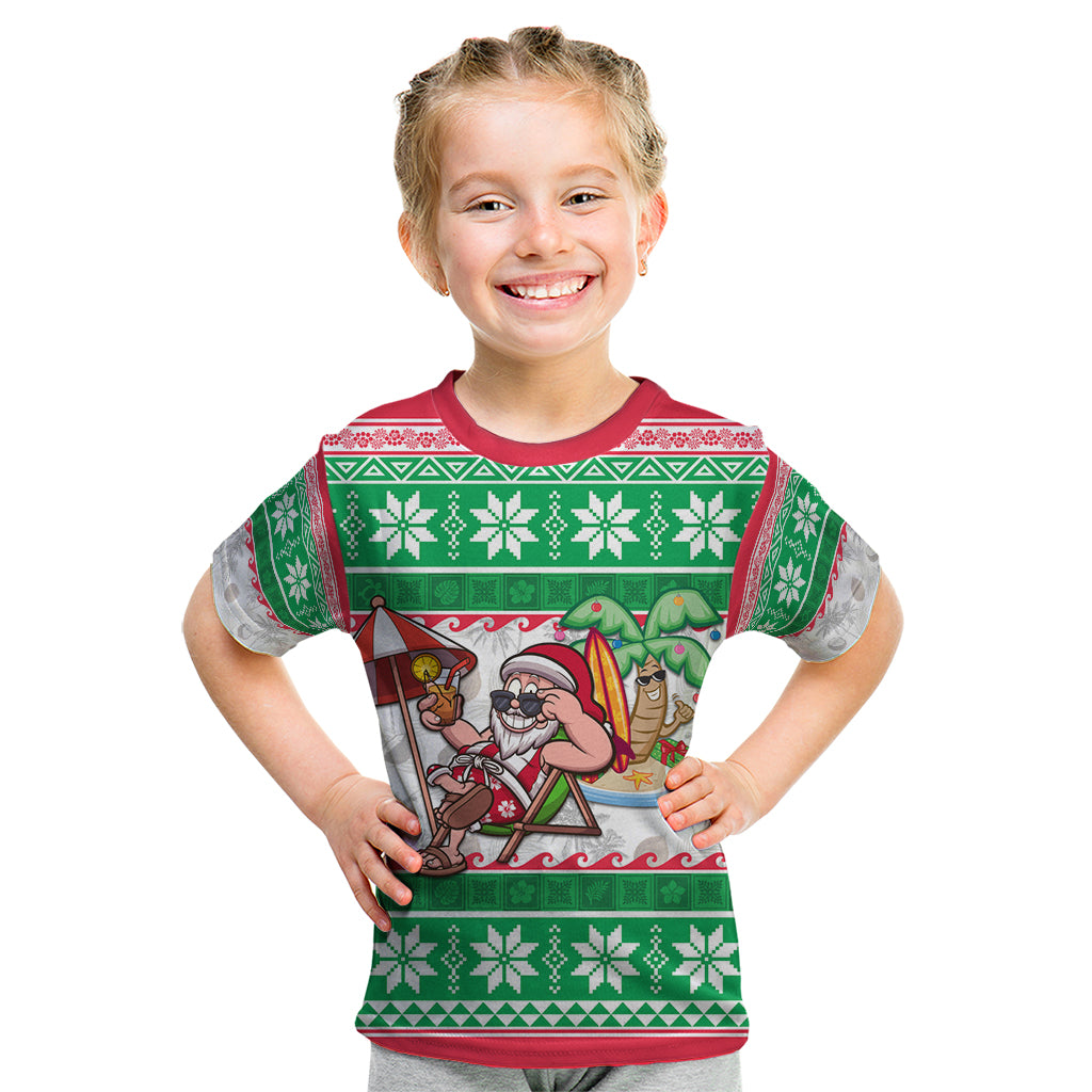 Custom Hawaii Mele Kalikimaka Kid T Shirt Aloha Santa and Palm Tree Mix Kakau Pattern LT03 Green - Polynesian Pride