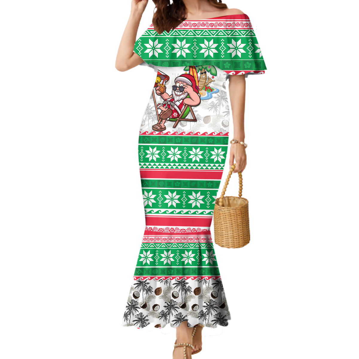 Custom Hawaii Mele Kalikimaka Mermaid Dress Aloha Santa and Palm Tree Mix Kakau Pattern LT03 Women Green - Polynesian Pride