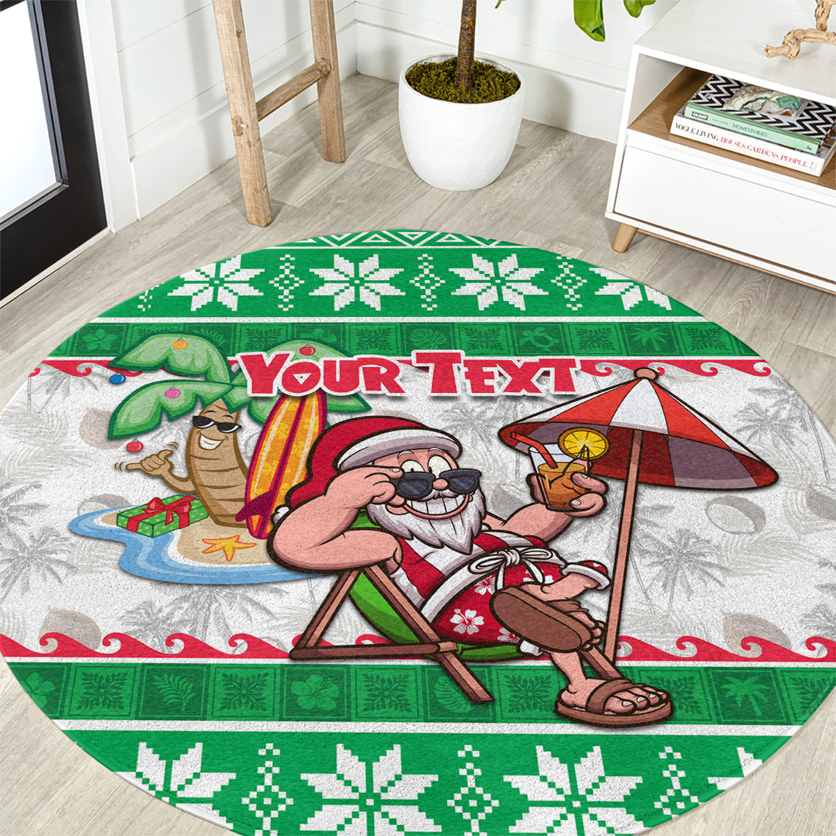 Custom Hawaii Mele Kalikimaka Round Carpet Aloha Santa and Palm Tree Mix Kakau Pattern LT03 Green - Polynesian Pride