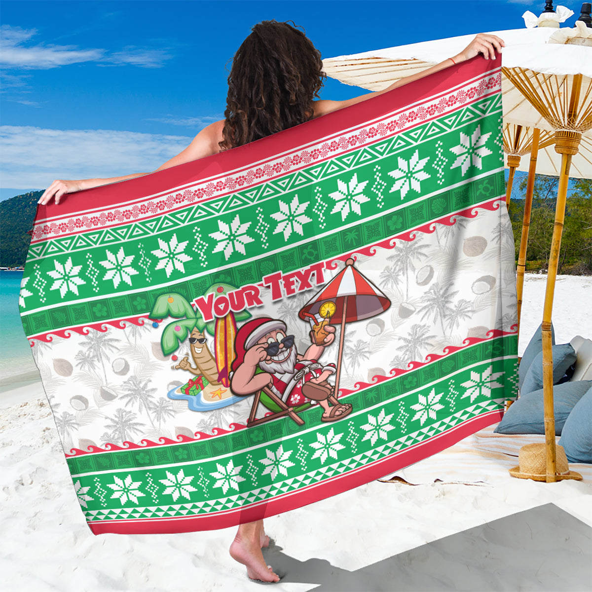 Custom Hawaii Mele Kalikimaka Sarong Aloha Santa and Palm Tree Mix Kakau Pattern LT03 One Size 44 x 66 inches Green - Polynesian Pride