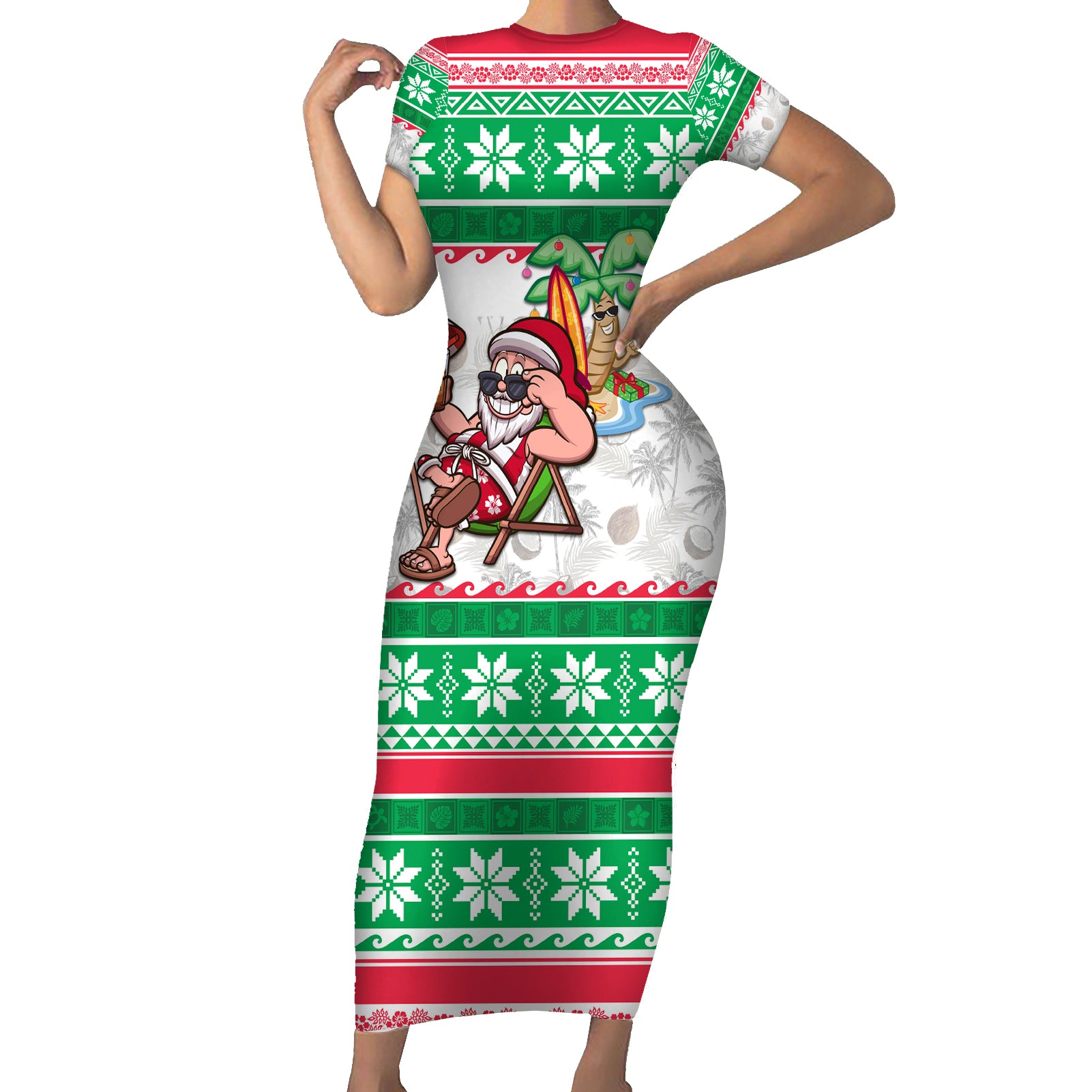 Custom Hawaii Mele Kalikimaka Short Sleeve Bodycon Dress Aloha Santa and Palm Tree Mix Kakau Pattern LT03 Long Dress Green - Polynesian Pride