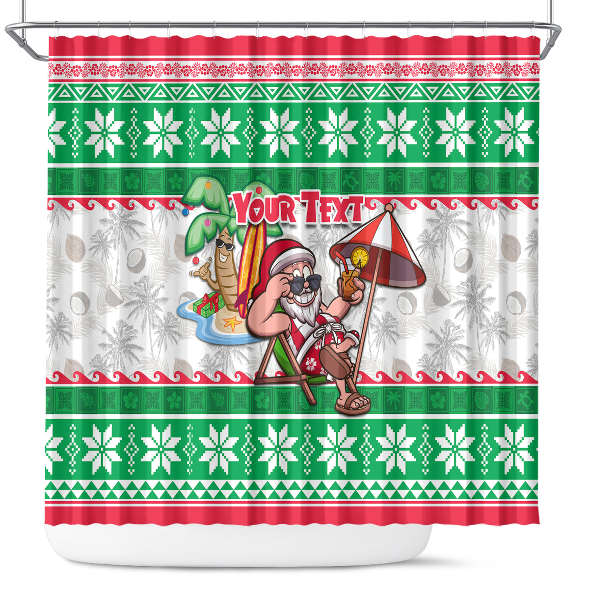 Custom Hawaii Mele Kalikimaka Shower Curtain Aloha Santa and Palm Tree Mix Kakau Pattern LT03 Green - Polynesian Pride