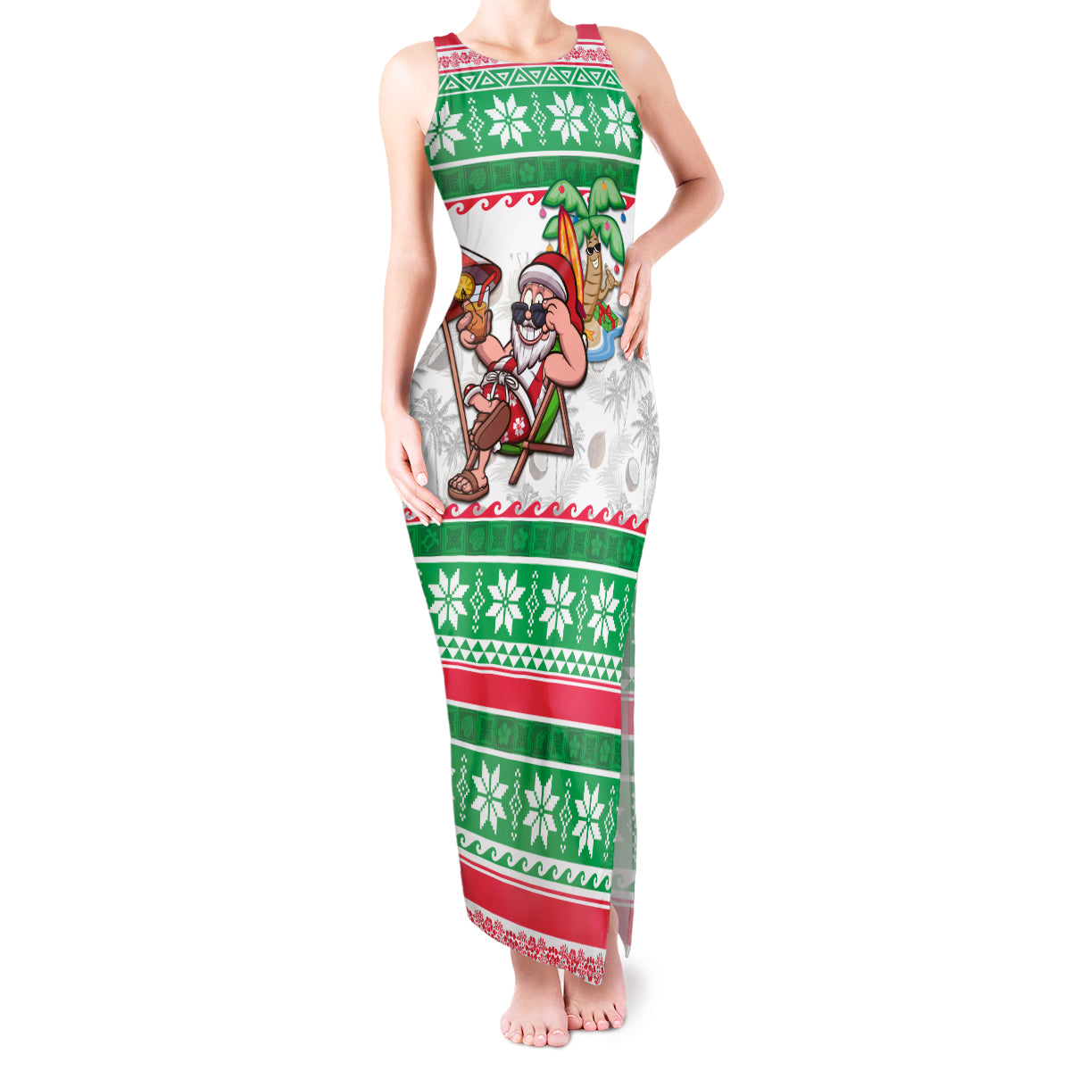 Custom Hawaii Mele Kalikimaka Tank Maxi Dress Aloha Santa and Palm Tree Mix Kakau Pattern LT03 Women Green - Polynesian Pride