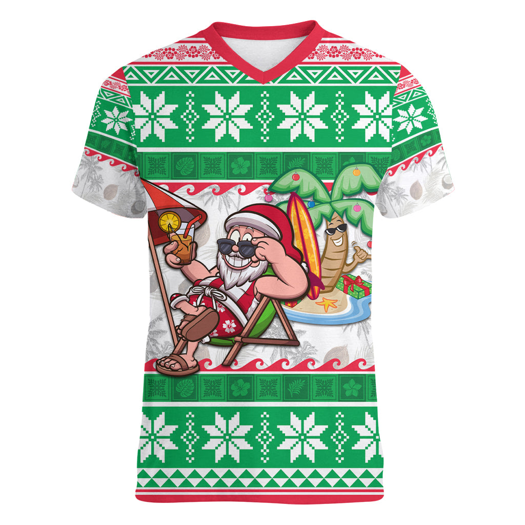 Custom Hawaii Mele Kalikimaka Women V Neck T Shirt Aloha Santa and Palm Tree Mix Kakau Pattern LT03 Female Green - Polynesian Pride