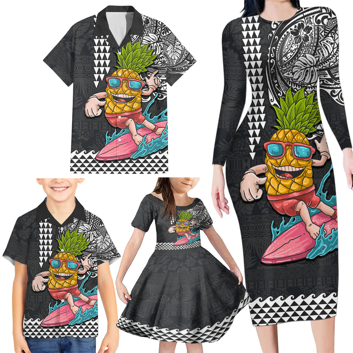 Hawaii Pineapple Surfing With Kakau Tribal Family Matching Long Sleeve Bodycon Dress and Hawaiian Shirt LT03 - Polynesian Pride