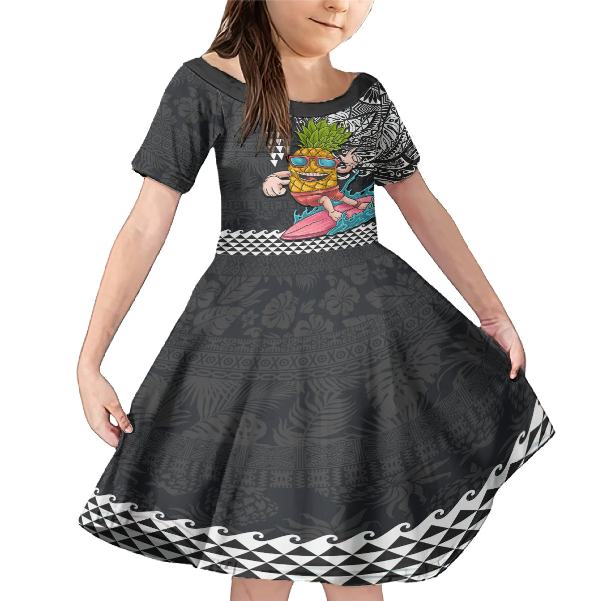 Hawaii Pineapple Surfing With Kakau Tribal Family Matching Mermaid Dress and Hawaiian Shirt LT03 Daughter's Dress Brown - Polynesian Pride