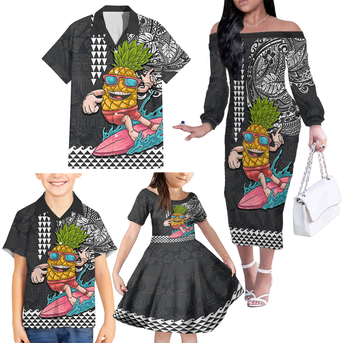 Hawaii Pineapple Surfing With Kakau Tribal Family Matching Off Shoulder Long Sleeve Dress and Hawaiian Shirt LT03 - Polynesian Pride