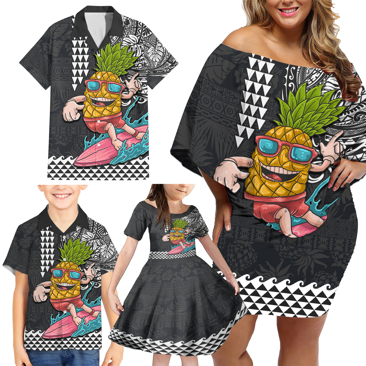 Hawaii Pineapple Surfing With Kakau Tribal Family Matching Off Shoulder Short Dress and Hawaiian Shirt LT03 - Polynesian Pride