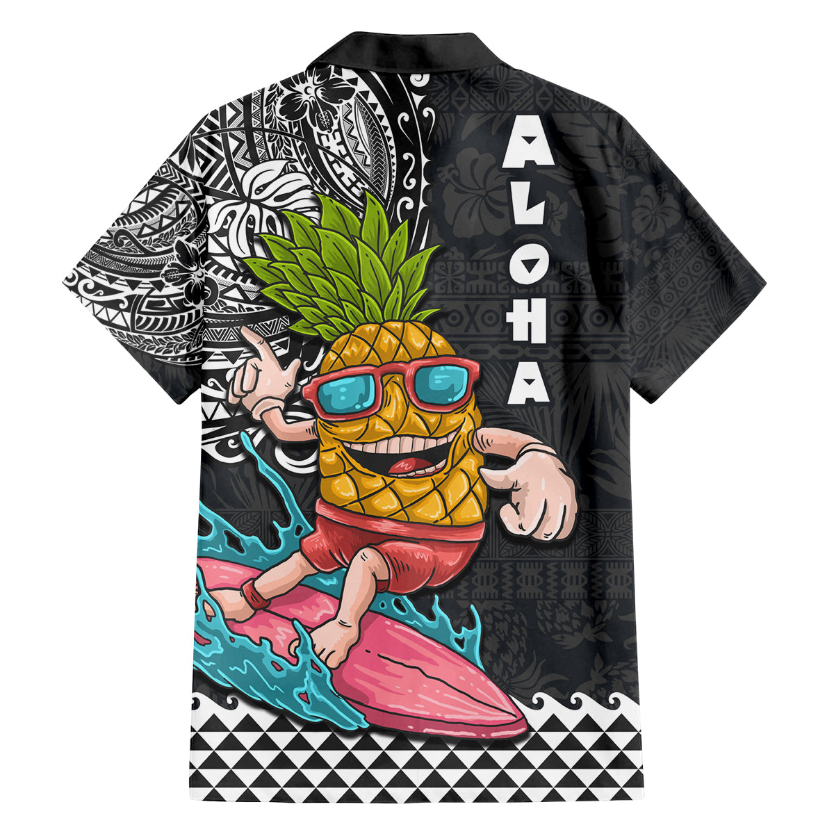Hawaii Pineapple Surfing With Kakau Tribal Family Matching Off Shoulder Short Dress and Hawaiian Shirt LT03 - Polynesian Pride