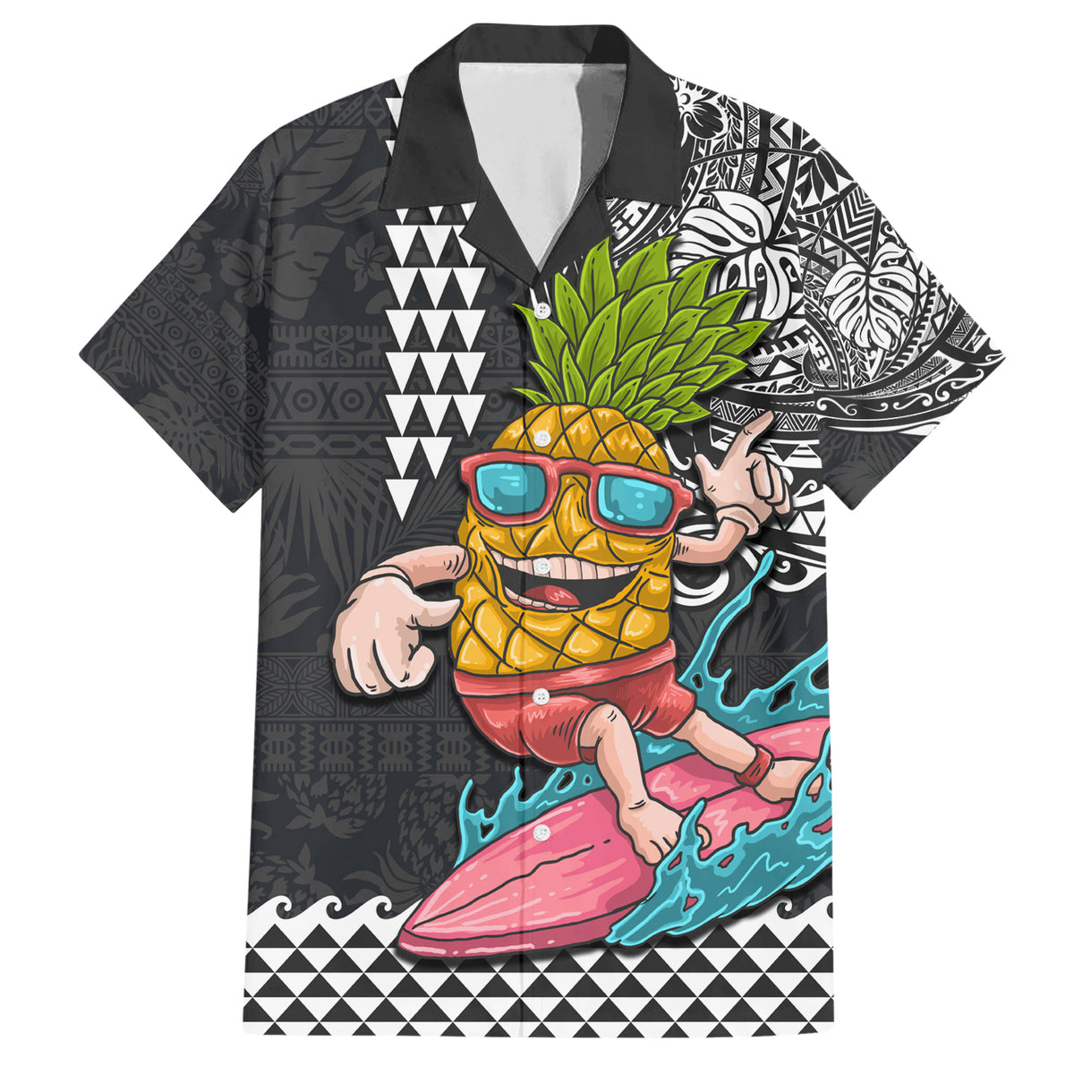 Hawaii Pineapple Surfing With Kakau Tribal Family Matching Short Sleeve Bodycon Dress and Hawaiian Shirt LT03 Dad's Shirt - Short Sleeve Brown - Polynesian Pride
