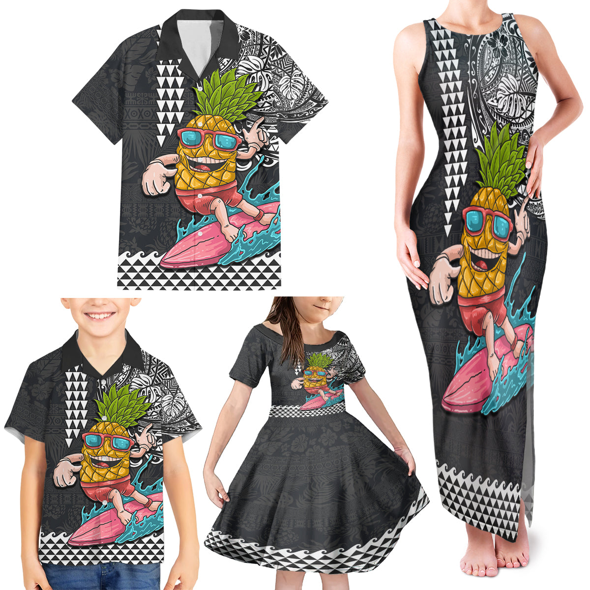 Hawaii Pineapple Surfing With Kakau Tribal Family Matching Tank Maxi Dress and Hawaiian Shirt LT03 - Polynesian Pride