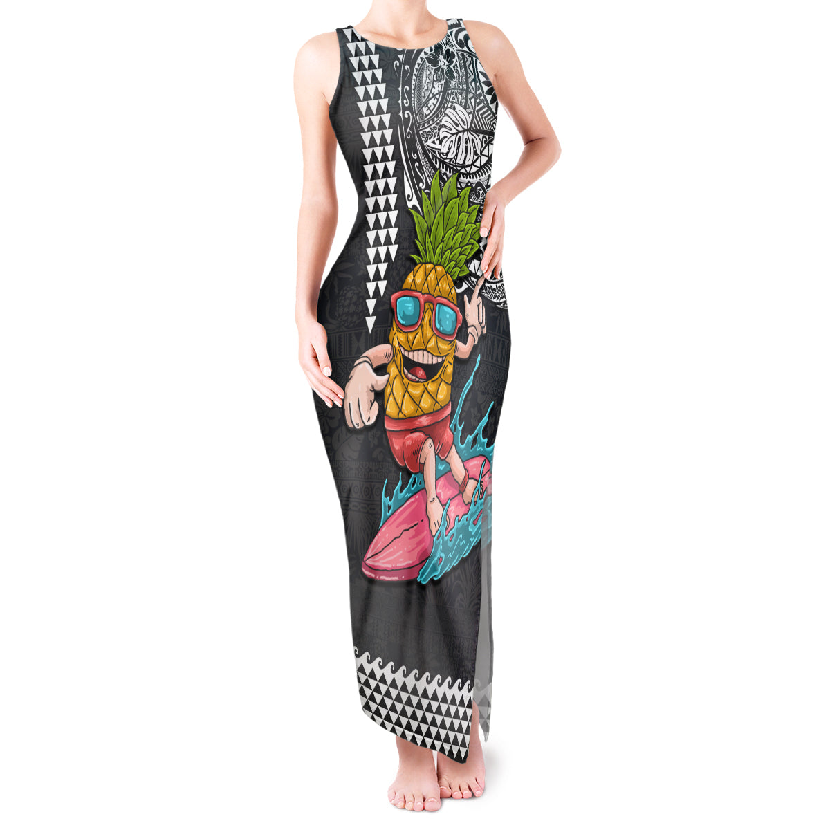 Hawaii Pineapple Surfing With Kakau Tribal Tank Maxi Dress LT03 Women Brown - Polynesian Pride