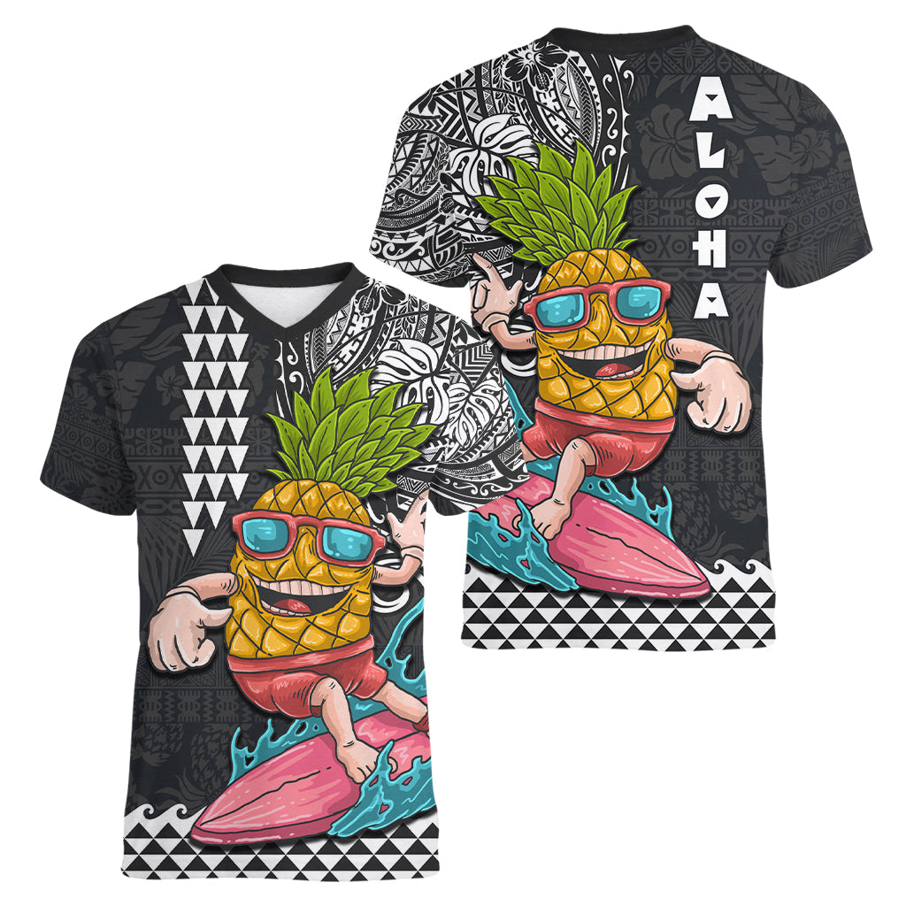 Hawaii Pineapple Surfing With Kakau Tribal Women V Neck T Shirt LT03 - Polynesian Pride