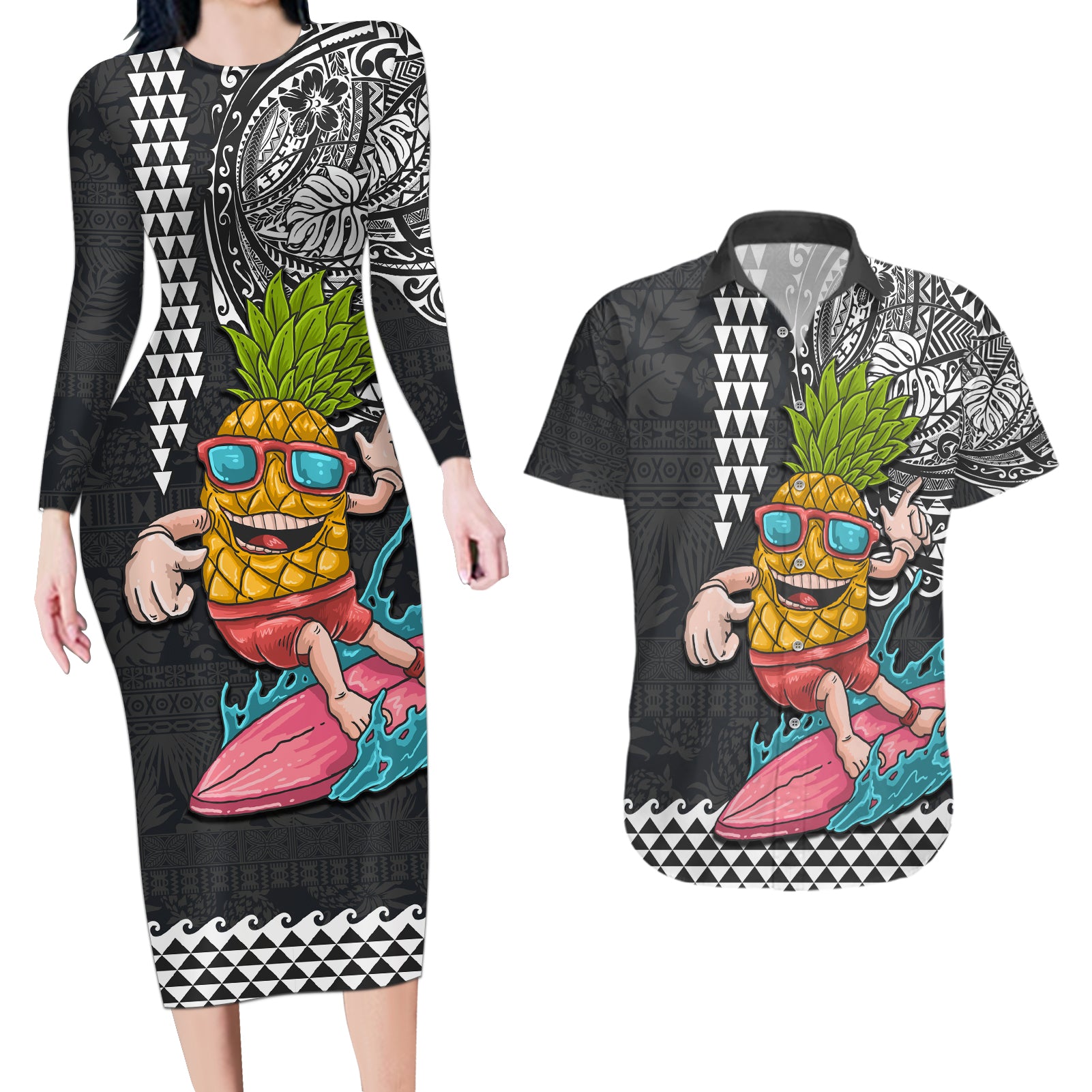 Hawaii Pineapple Surfing Kakau Tribal Personalised Couples Matching Long Sleeve Bodycon Dress and Hawaiian Shirt LT03 Brown - Polynesian Pride